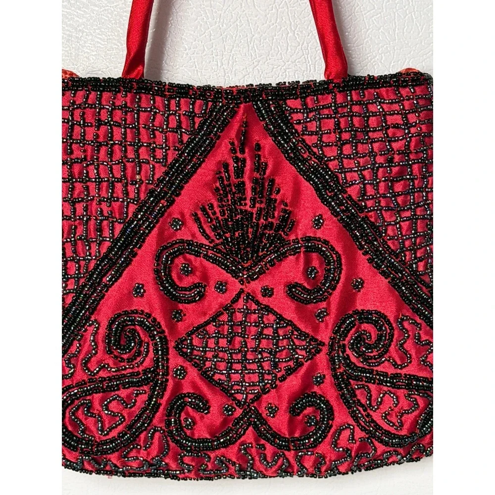Vintage 90s Red Satin Hand Beaded Mini Handle Bag Crossbody Art Deco Elegant